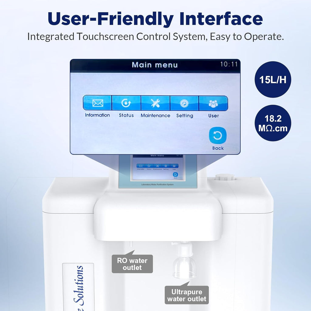 Membrane Solutions Ultrapure Water Equipment, Laboratory Deionized Water System 9-Stage RO Water Purification Equipment with CE & FCC Certified, Touchscreen Control(15L/h)