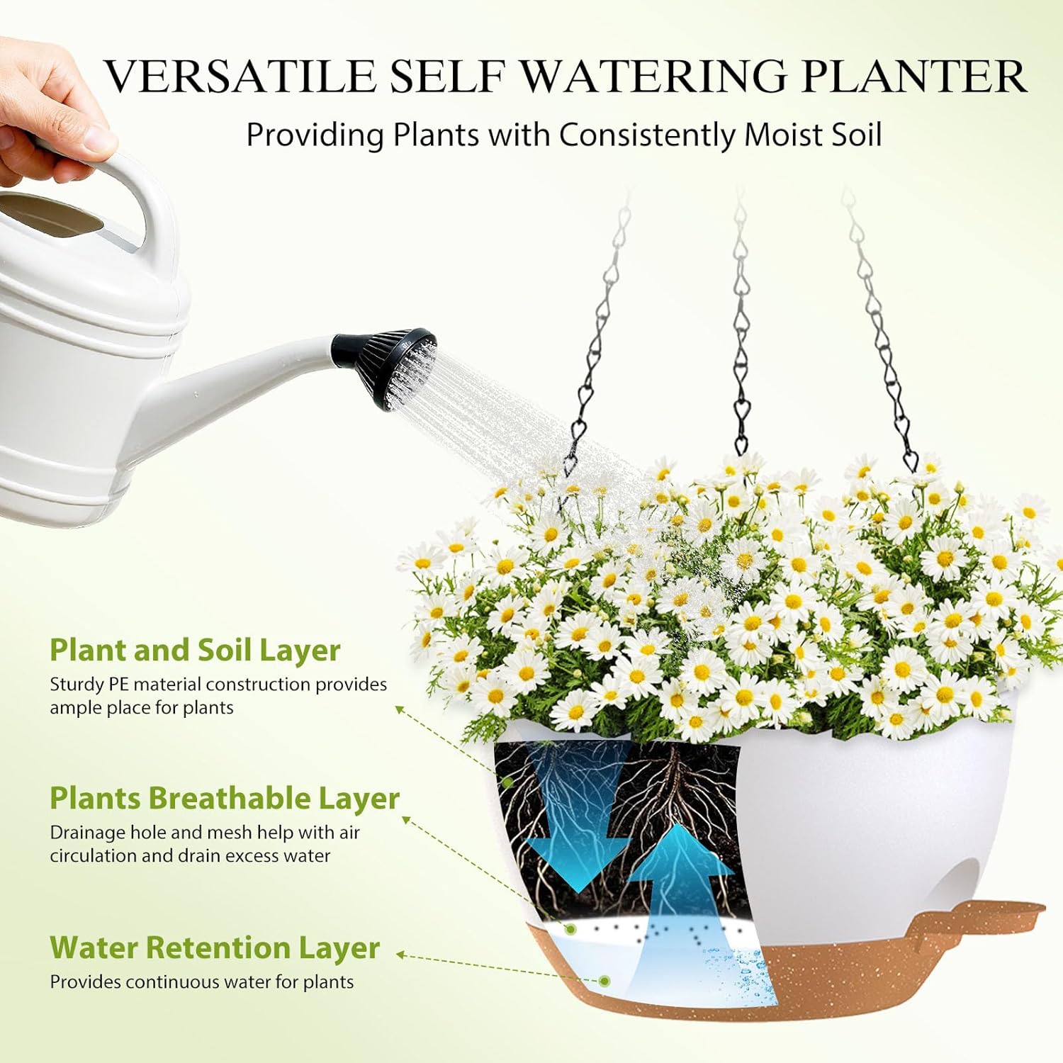 12 Inch Hanging Baskets 2 PC with Chains, Self-Watering Hanging Planters for Indoor Outdoor Plants, Plastic Hanging Flower Pots,White Brown