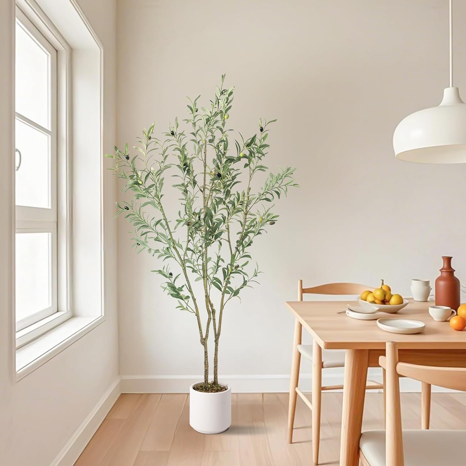 Artificial Fake Olive Tree 5FT Tall 1Pack with White Planter Faux Silk Olive Tree for Home Living Room Office Decor Faux Artificial Plants Indoor with Fruit & Free Moss