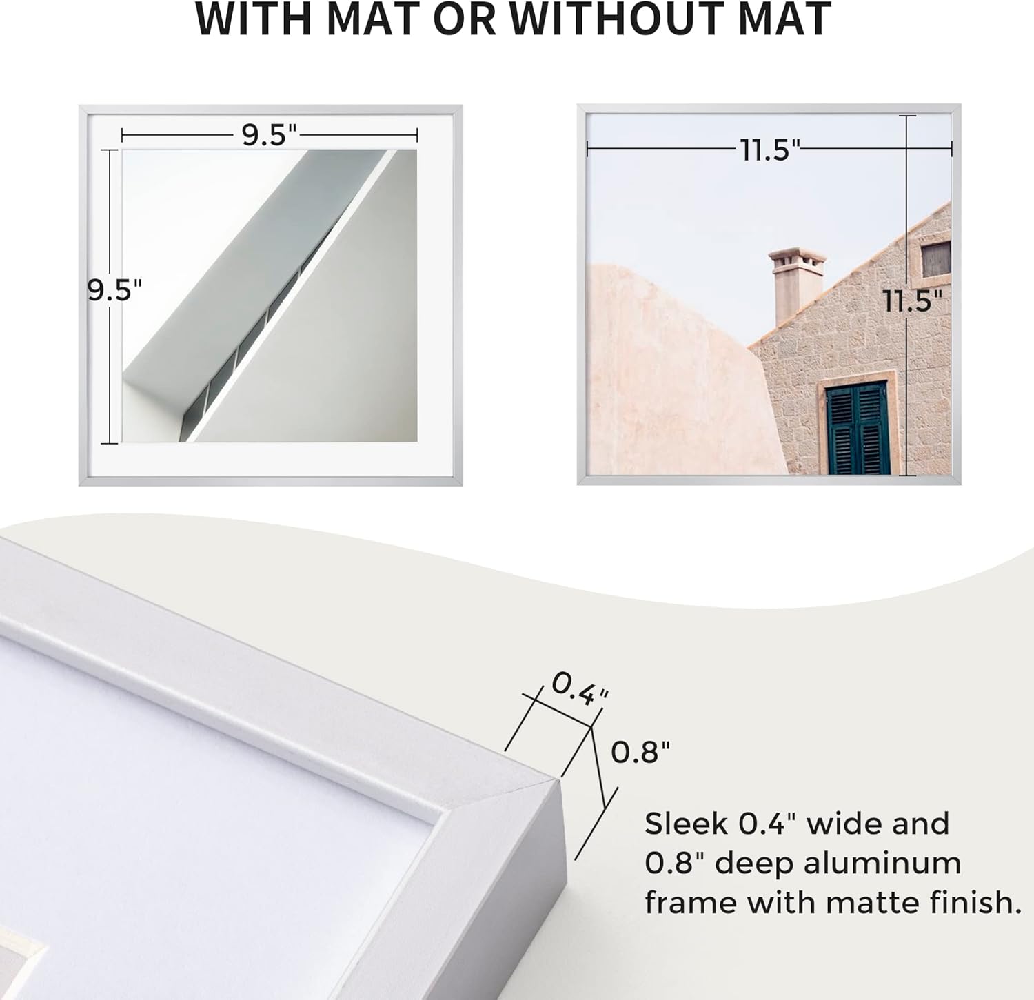 12x12 Metal Picture Frame with 10x10 Mat, Brushed Aluminum Finish, Attached Hanging Hardware, and Tempered Glass Front - Versatile Vertical or Horizontal Wall Display Frames Set of 1 - Sliver