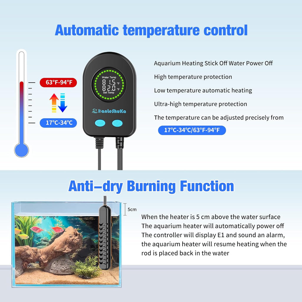Submersible Aquarium Heater 100W/200W/300W/500W, Fish Tank Heater with high-Temperature Protection and Turtle Tank Heater with Automatic Power-Off When Leaving seawater or Freshwater.