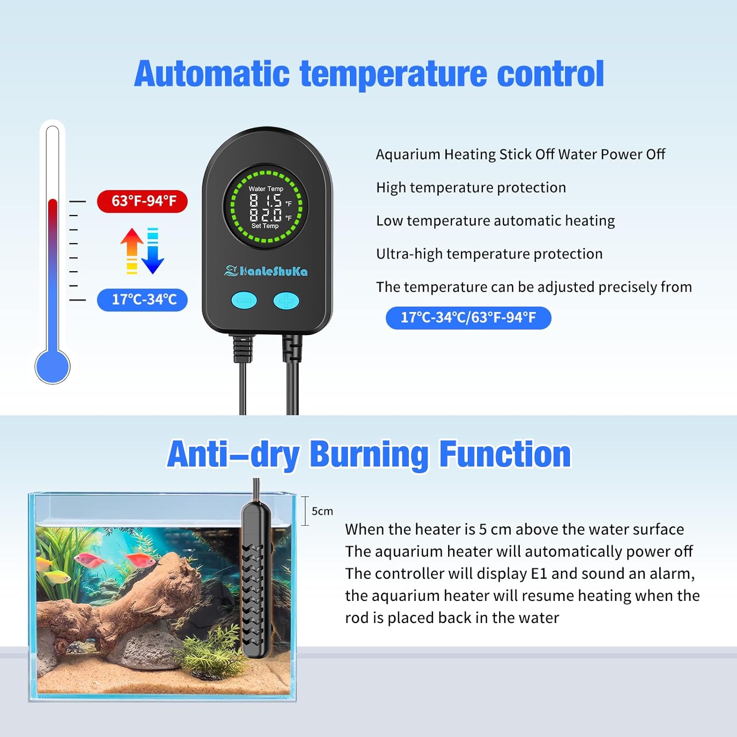 Submersible Aquarium Heater 100W/200W/300W/500W, Fish Tank Heater with high-Temperature Protection and Turtle Tank Heater with Automatic Power-Off When Leaving seawater or Freshwater.