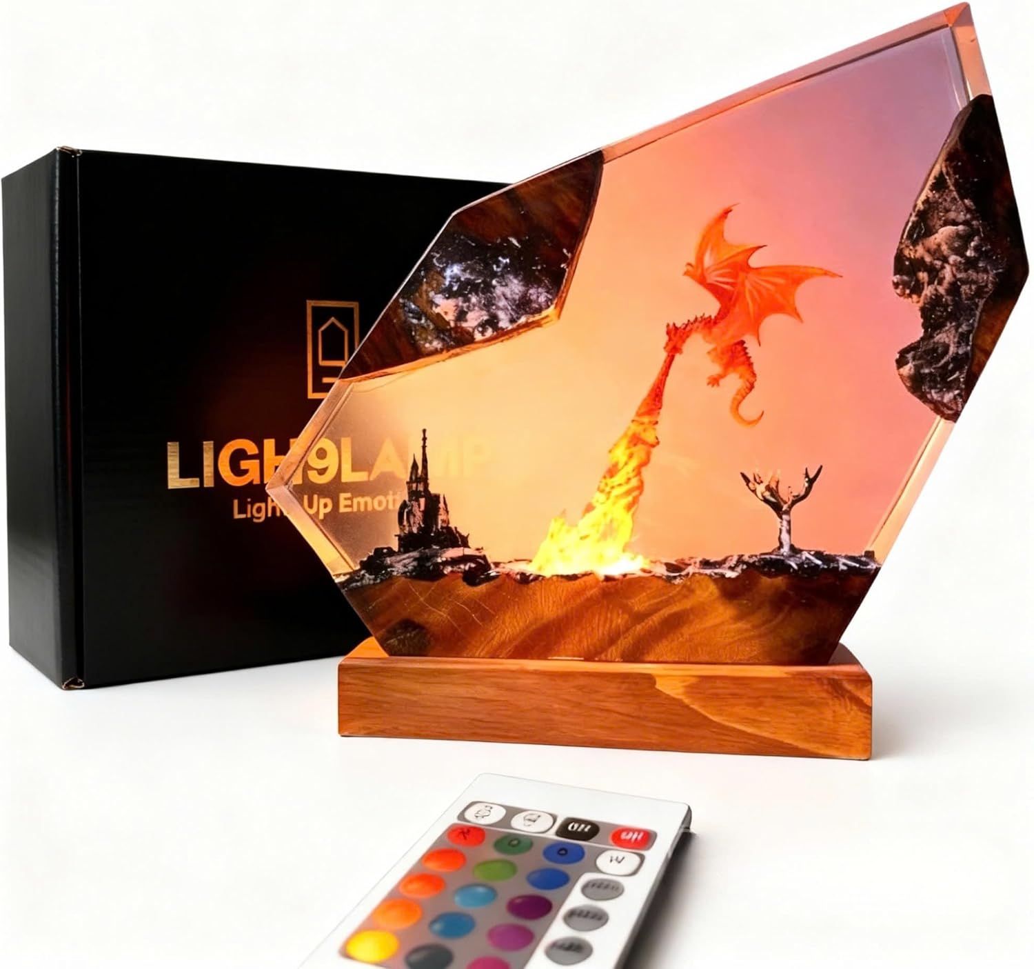 Dragon Resin Lamp – Fantasy Night Light with 16 Color LED, USB Powered Dragon Desk Lamp with Wooden Base & Remote, Handmade Gift for Christmas, New Year