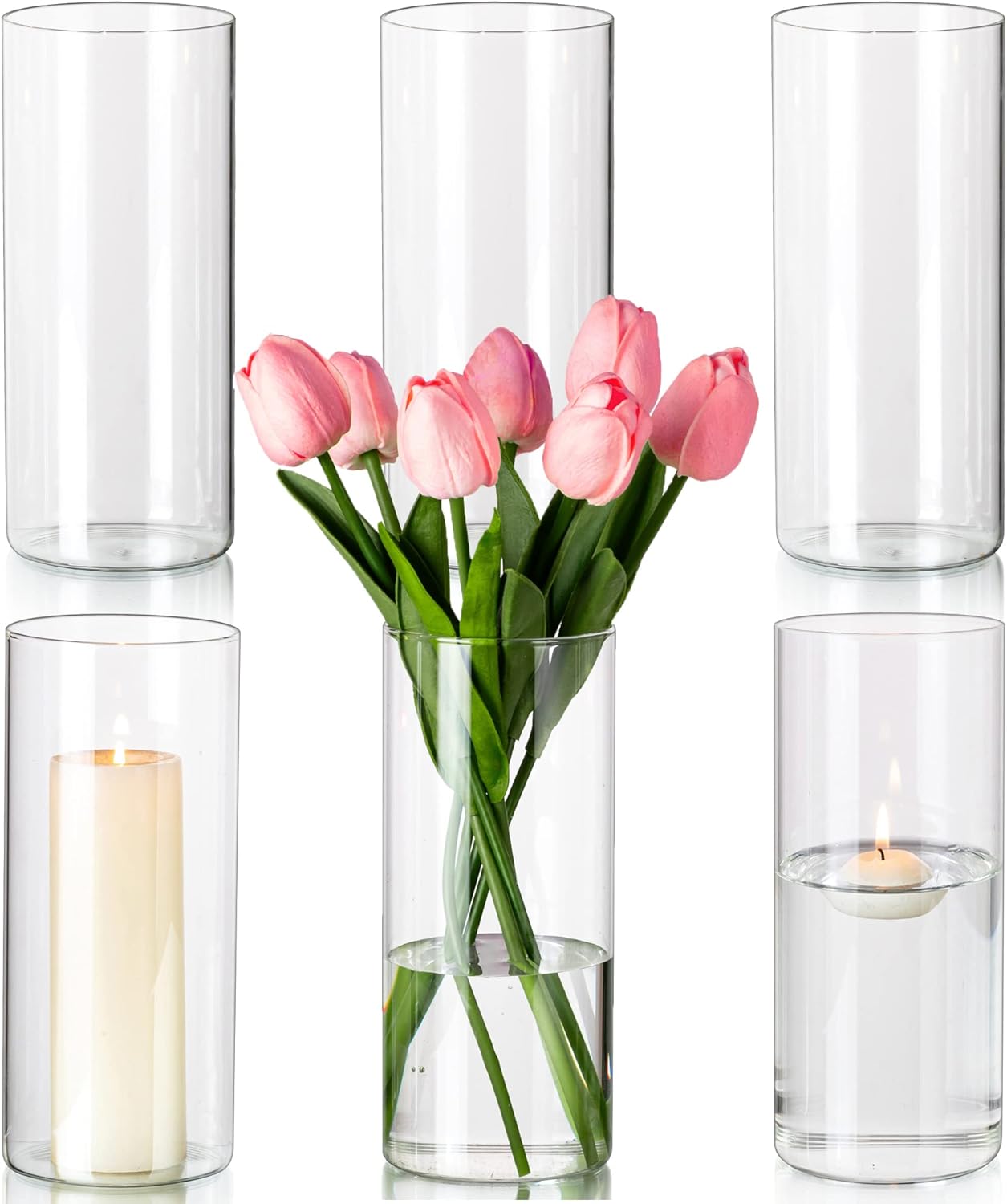 Hewory Glass Cylinder Vases Set of 6, Hurricane Candle Holders for Pillar or Floating Candles, Tall Clear Vase for Centerpieces, Round Vases for Wedding Anniversary Events Home Table Decor, 7.9in