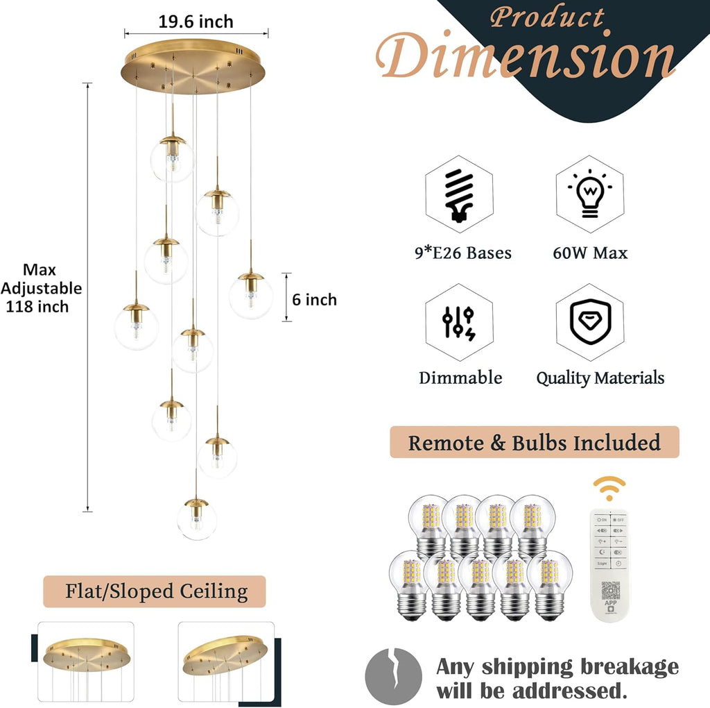 KoKo&Yukina 9-Light Globe Glass Pendant Light Adjustable Length Pendant Lights Fixtures Modern Gold Clear Globe Glass Chandelier High Ceiling Lights Fixtures for Foyer Staircase (Bulb & Remote Incl)