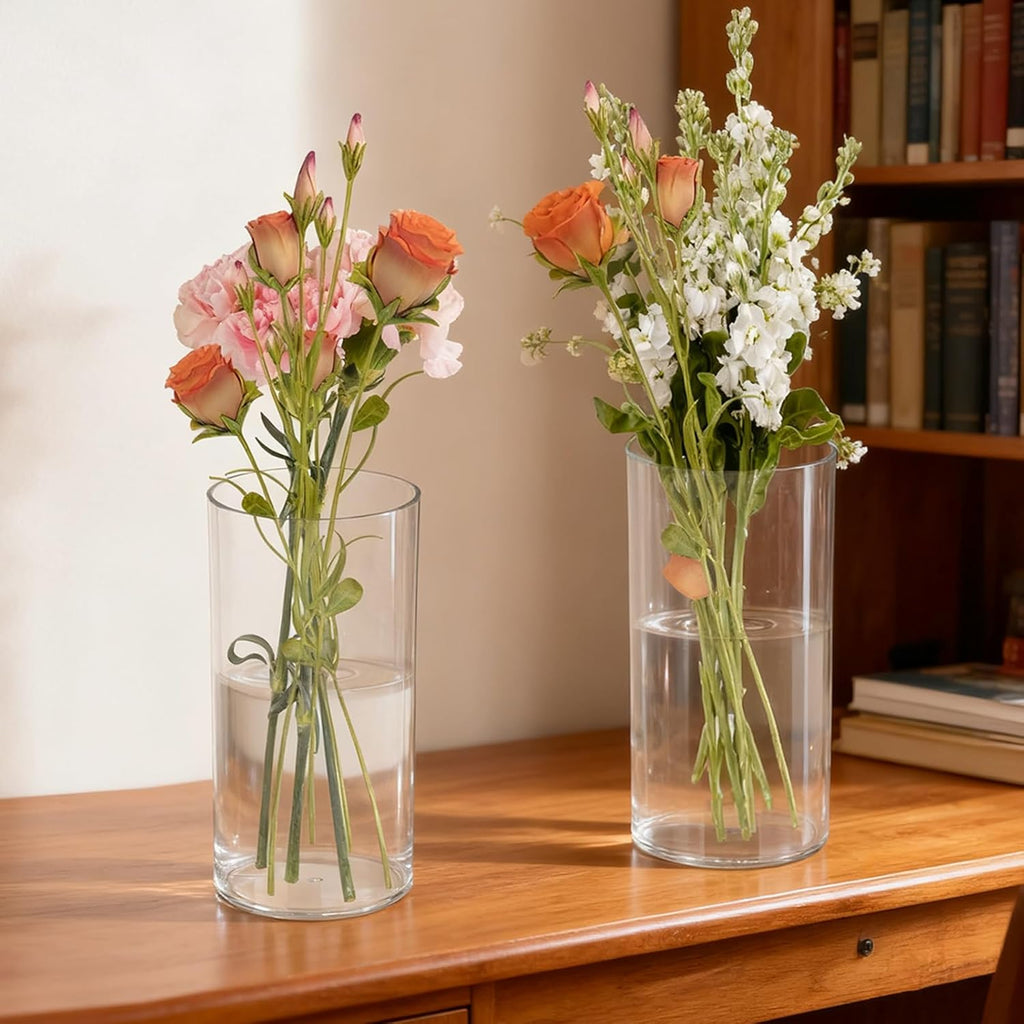 12 PCS Plastic Cylinder Vase 8 Inch Cylinder Vase Bulk Clear Flower Container Hurricane Candle Holder Round Wide Container Centerpiece for Home Office Wedding Decor
