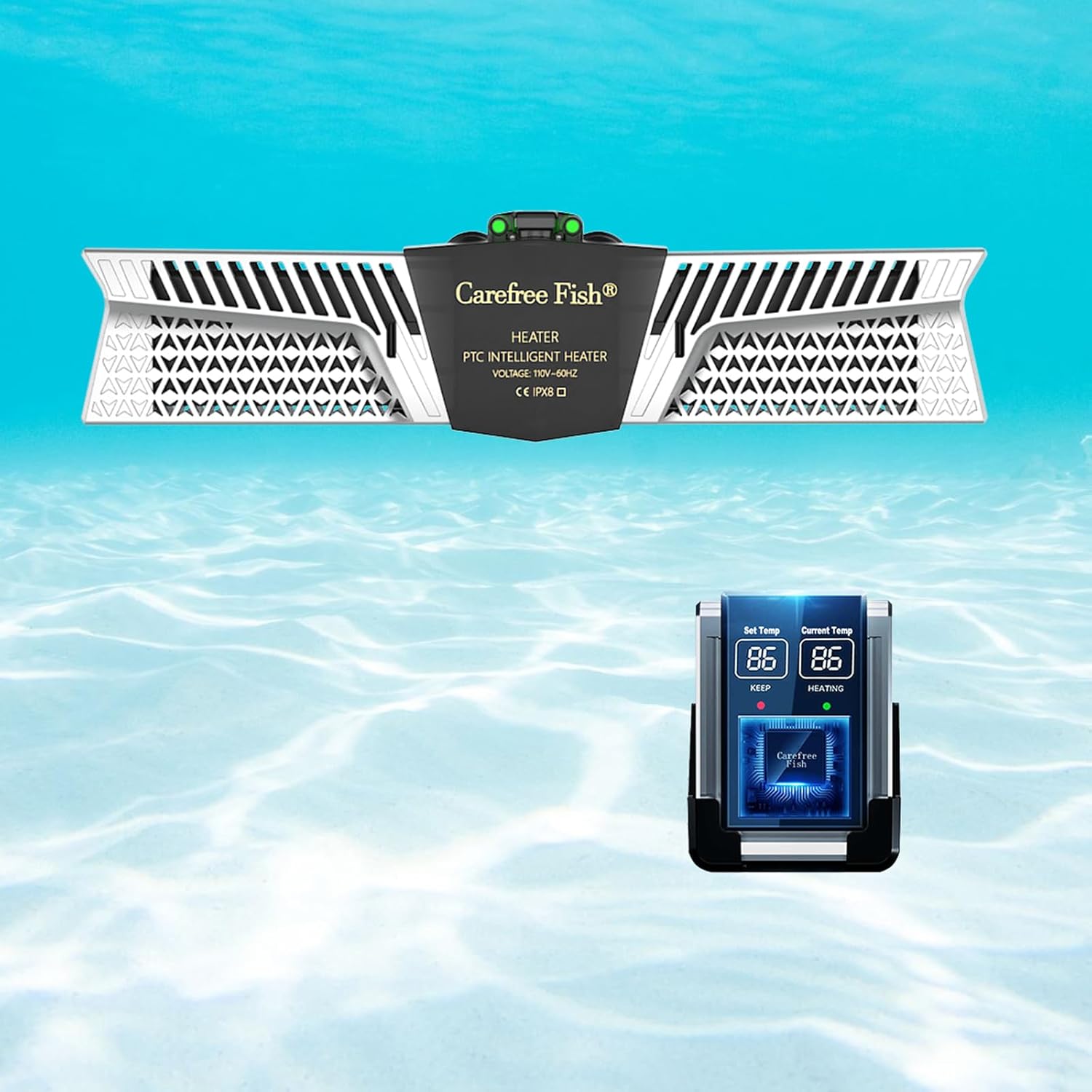 Carefree Fish Aquarium 500W 2IN1 PTC Ceramic Heater PID Control Digital Dual Independent Chip Control The Safest Most Accurate and Fastest Heater for Freshwater and Saltwater Tank (No Cooking Fish)