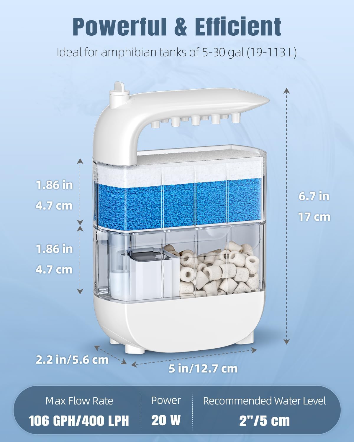 Pawfly 106 GPH 5 W Turtle Tank Filter, Low Water Level Turtle Filter for 5-30 Gallon Tanks, Ultra Quiet Adjustable Internal Filter for Turtle Tanks, Mechanical & Bio-Filtration Turtle Water Filter