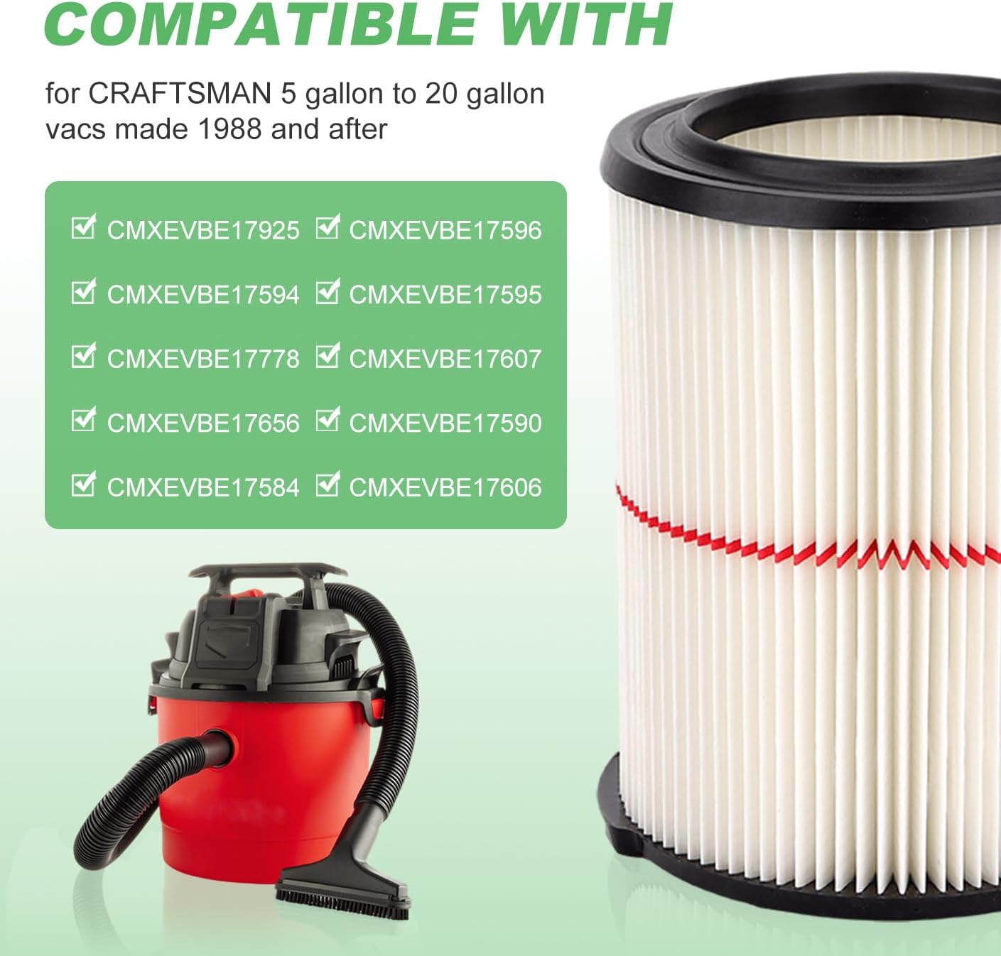 38754 Replacement Vacuum Filter Compatible with Craftsman CMXZVBE38754 Wet/Dry Vac Filter for 5 to 20 Gallon shop vacuums, General Purpose Dust Filter(9-38754)