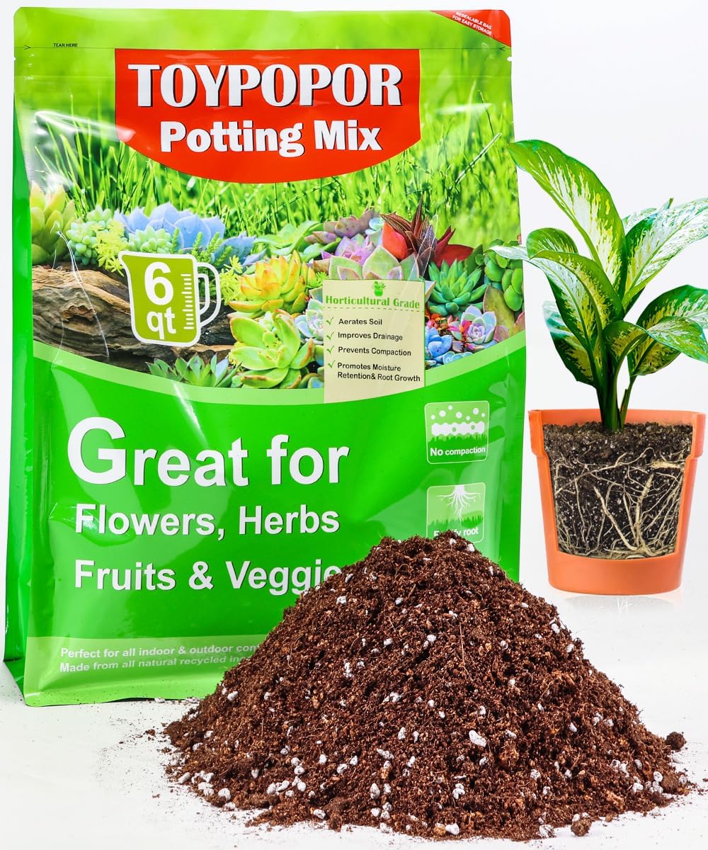 TOYPOPOR Potting Soil for All Indoor Houseplants, (6qt) Contains Perlite, Peat Moss, Coco Coir, Rice Charcoal, Well Draining Potting Mix Light, Aerated Texture for Healthy Plant Roots, Fast Growth