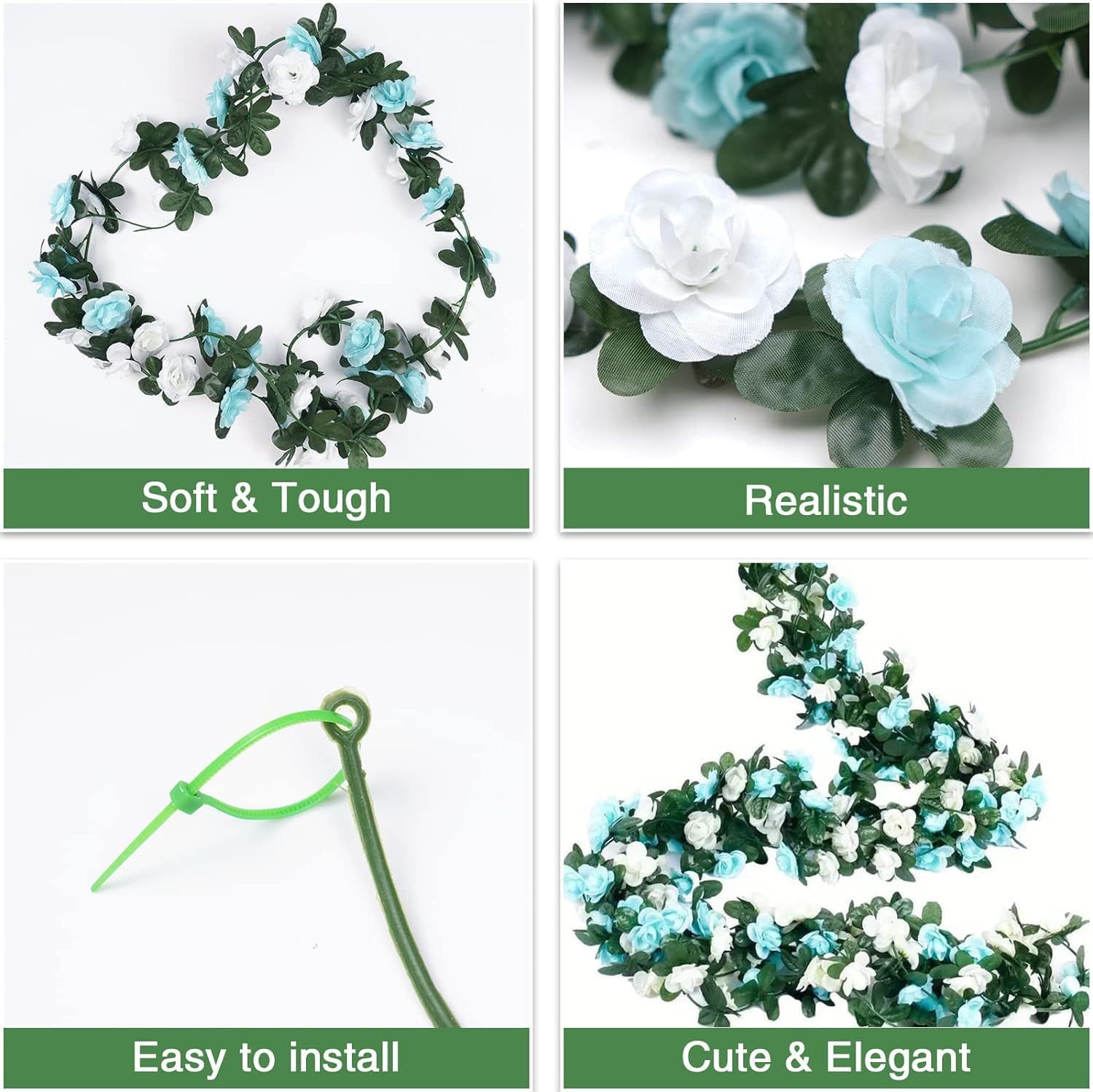 BLEUM CADE 12Pcs 98.4Ft Flower Garland Artificial Rose Vines with 98.4Ft String Lights, Cute Fake Hanging Flower Vines Floral Garland Decorations for Wedding Party Wall Room Decor Aesthetic