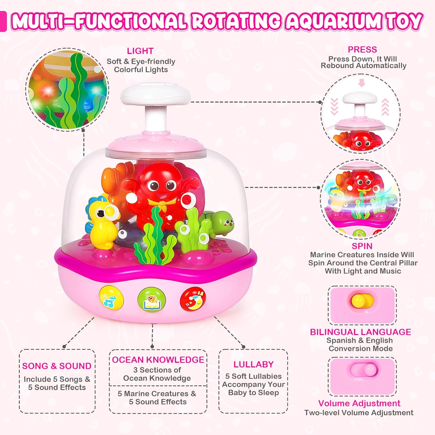 Baby Toys 6-12 Months, Musical Aquarium Infant Toys for 7 8 9 10 11 Months, Early Learning Educational Toy with Sound, Press Glow Spin for Cause and Effect, Christmas Birthday Gifts for Girls
