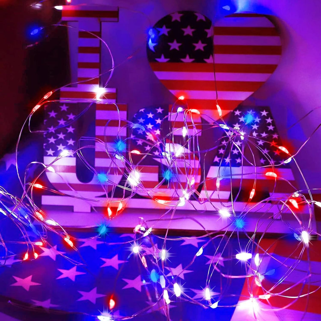 LAMPHOME Patriotic Fairy Lights Plug in, 33Ft 100 LEDs Waterproof Twinkle Firefly Lights, Adaptor Included Starry String Light for Independence Day Patriotic Holidays Decoration (Red, White & Blue)