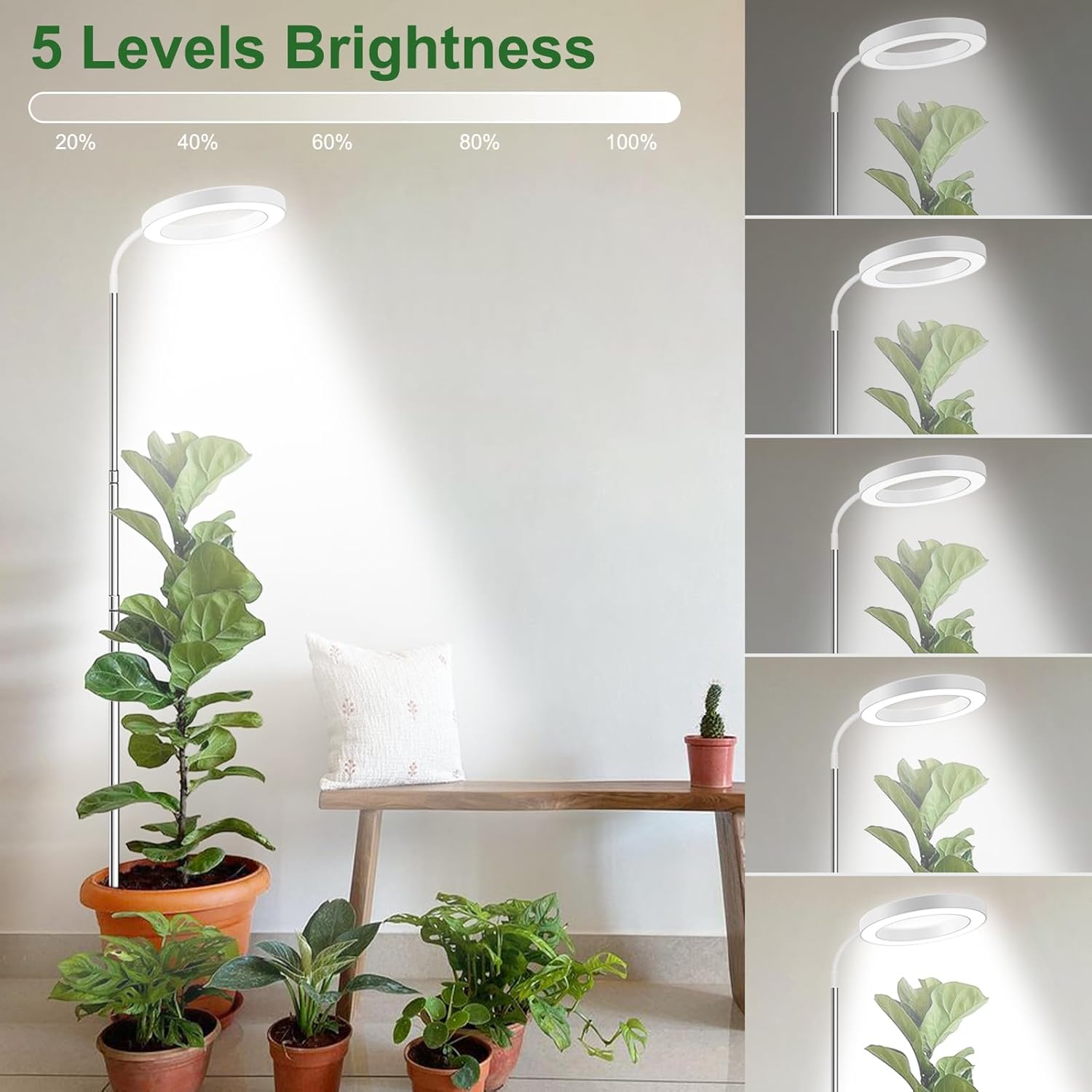 wolezek Grow Lights for Indoor Plants Full Spectrum, 80 LEDs 3 Colors Grow Light, 65in Plant Lights for Indoor Growing with 360°Gooseneck, 6/12/16H Timer, 5 Brightness, Height Adjustable, White Pair