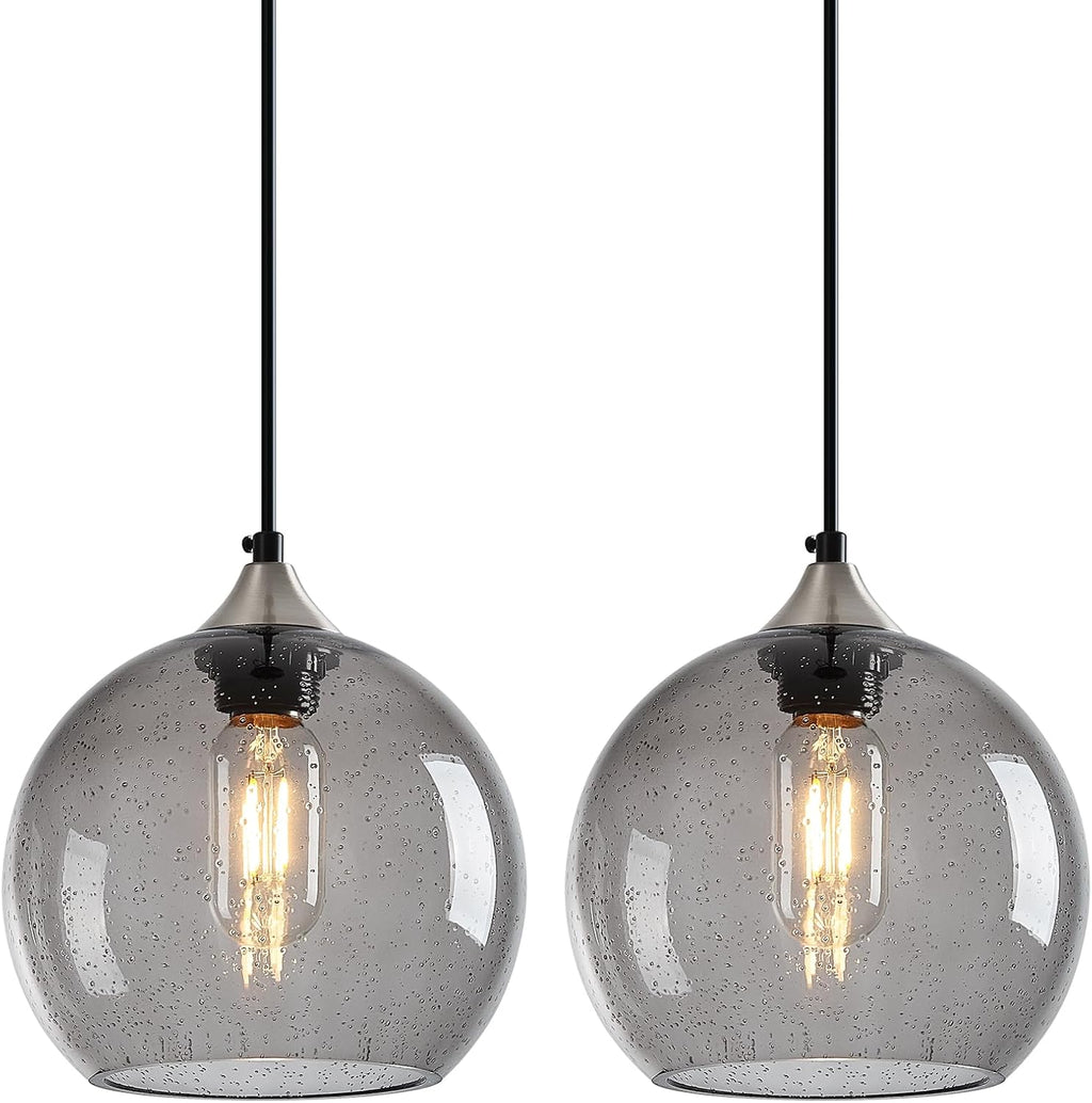 Light Grey Glass Pendant Lights Kitchen Island Lighting Globe Pendant Light Fixtures Modern Pendant Lighting for Bedroom Living Dining Room Light Fixture (7.87 in, 2 Pack)