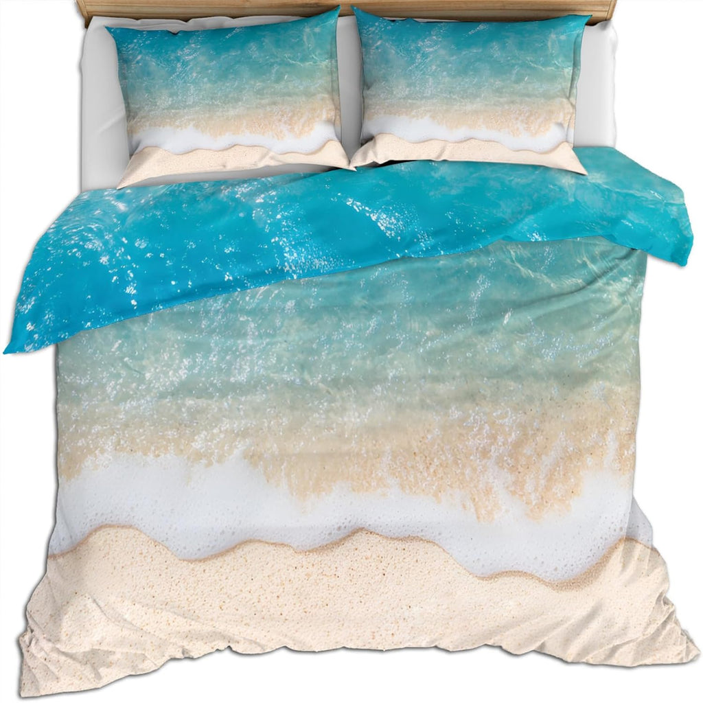 Sea Waves Duvet Cover Twin Ocean Beach Waves Splash Bedding Set 2 Piece for Kids Bedroom Coastal Sandy Comforter Cover with Zipper Ties & 1 Pillowcases