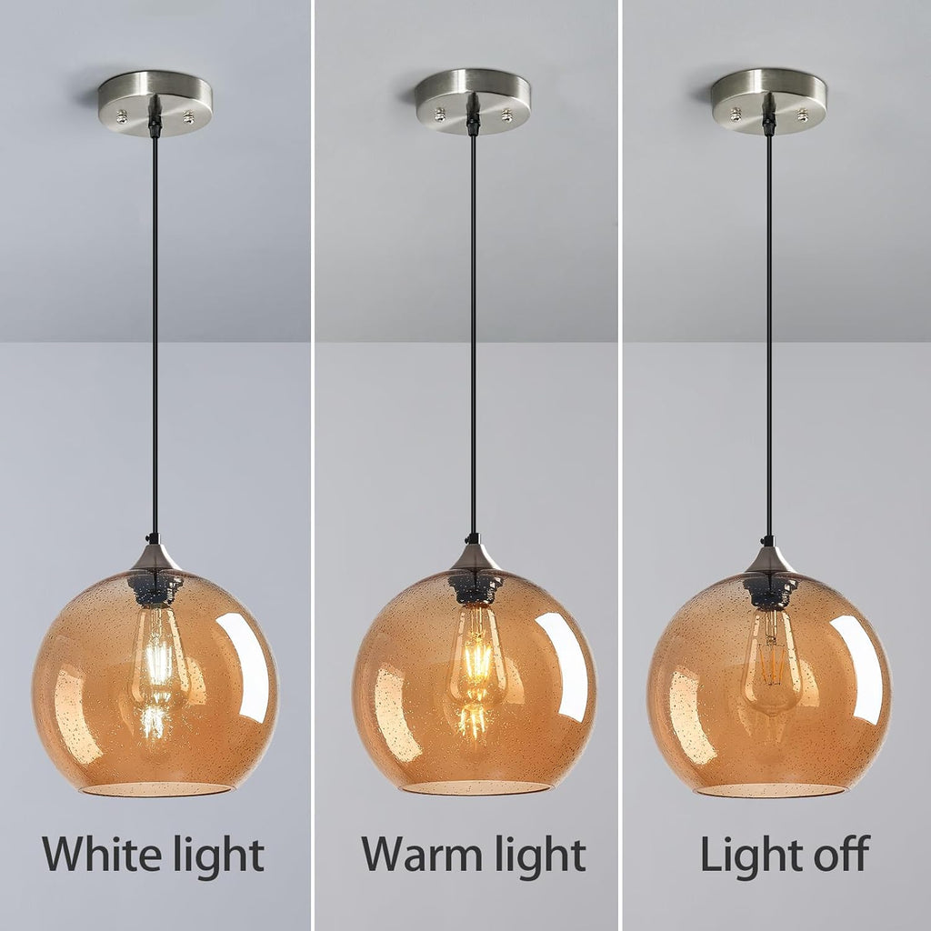 Amber Glass Pendant Lights Kitchen Island Globe Pendant Light Fixtures Modern Pendant Lighting for Bedroom Living Dining Room Light Fixture (9.84 in, 3 Pack)
