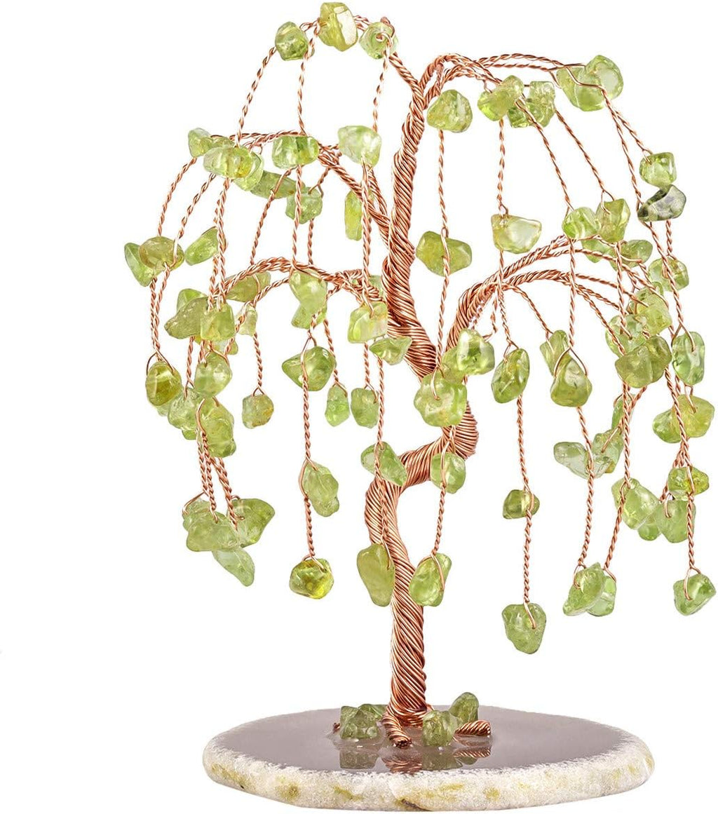mookaitedecor Peridot Crystal Tree Tumbled Stones, Geode Agate Slices Base Money Tree Decoration for Wealth and Luck 5.7"-6.7"