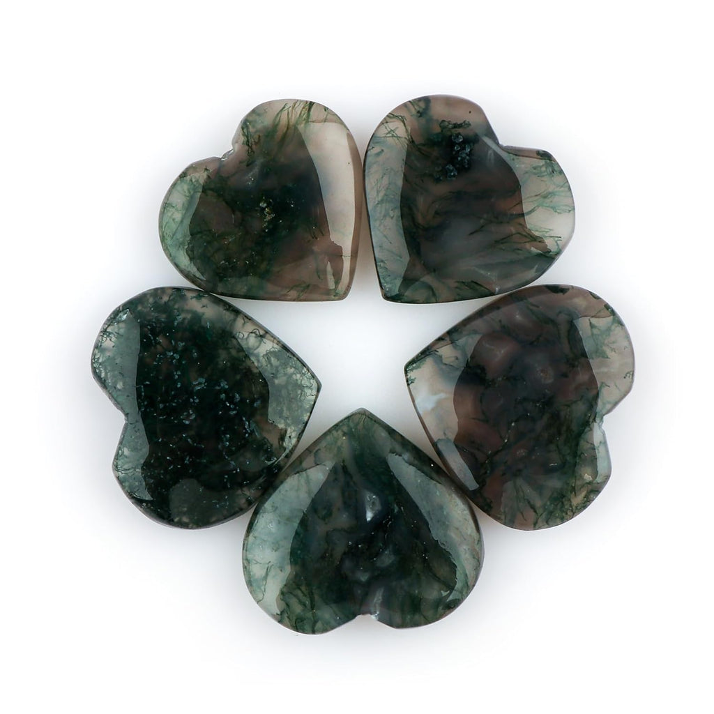 CRYSTALIS 4pcs Natural Moss-Agate Hearts, Loose Gemstone, Wholesale Bulk Cabochons, Jewelry Making Supply, Chakra Healing Polished Stones, Wire Wrapping, DIY, Gem Collection