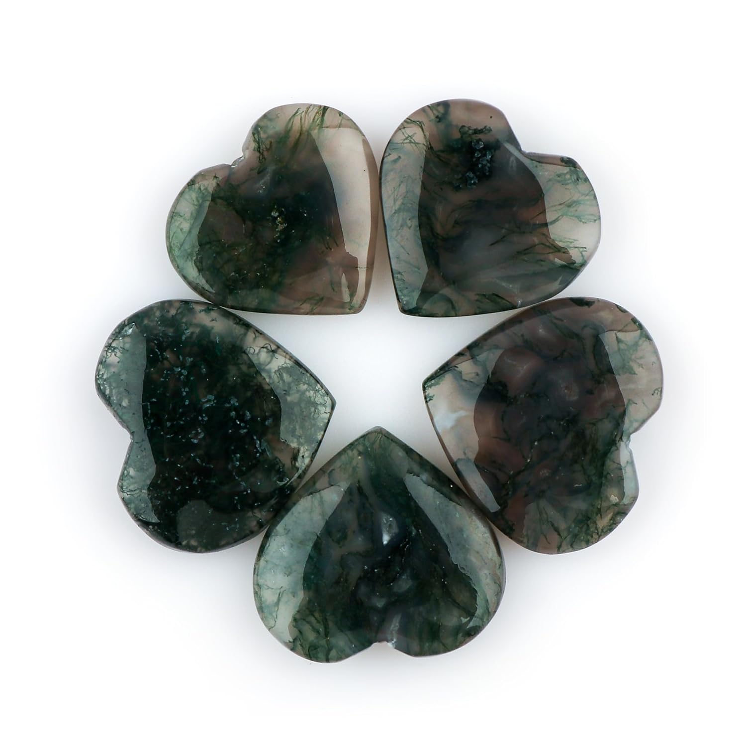 CRYSTALIS 4pcs Natural Moss-Agate Hearts, Loose Gemstone, Wholesale Bulk Cabochons, Jewelry Making Supply, Chakra Healing Polished Stones, Wire Wrapping, DIY, Gem Collection