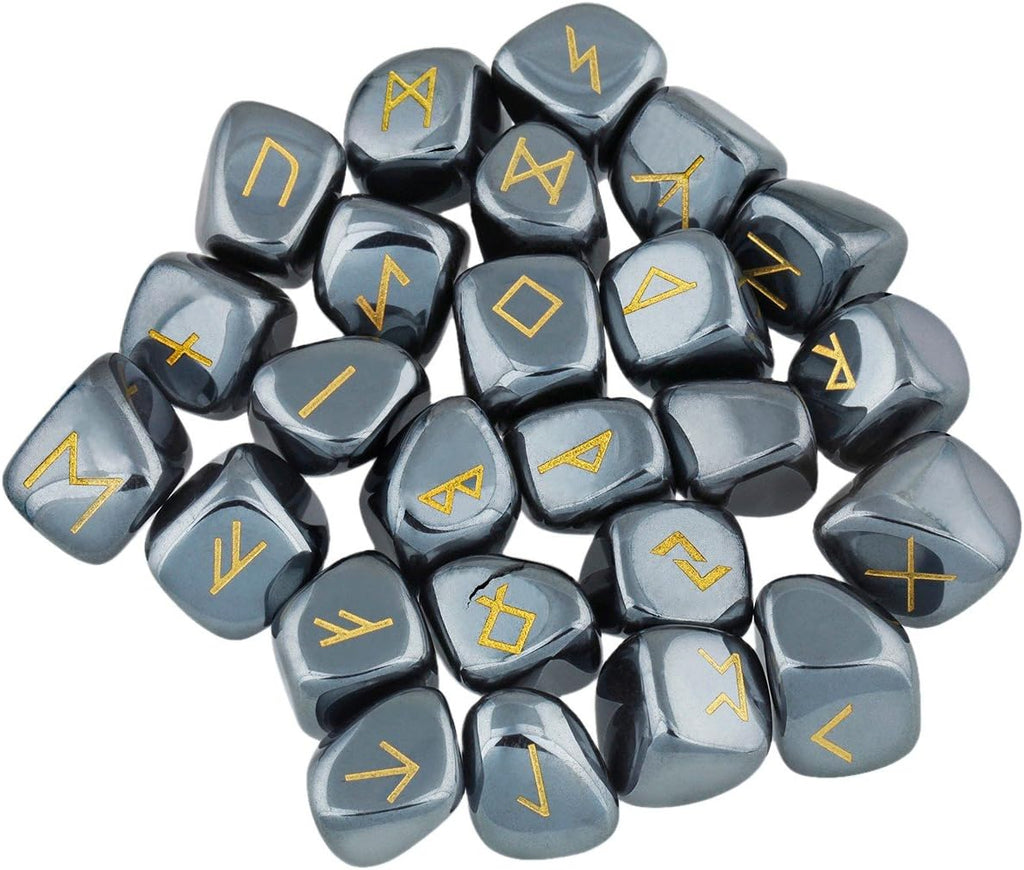 rockcloud Hematite Rune Stones Tumbled Engraved Lettering Crystal Set for Wicca Crystals Healing Chakra Reiki