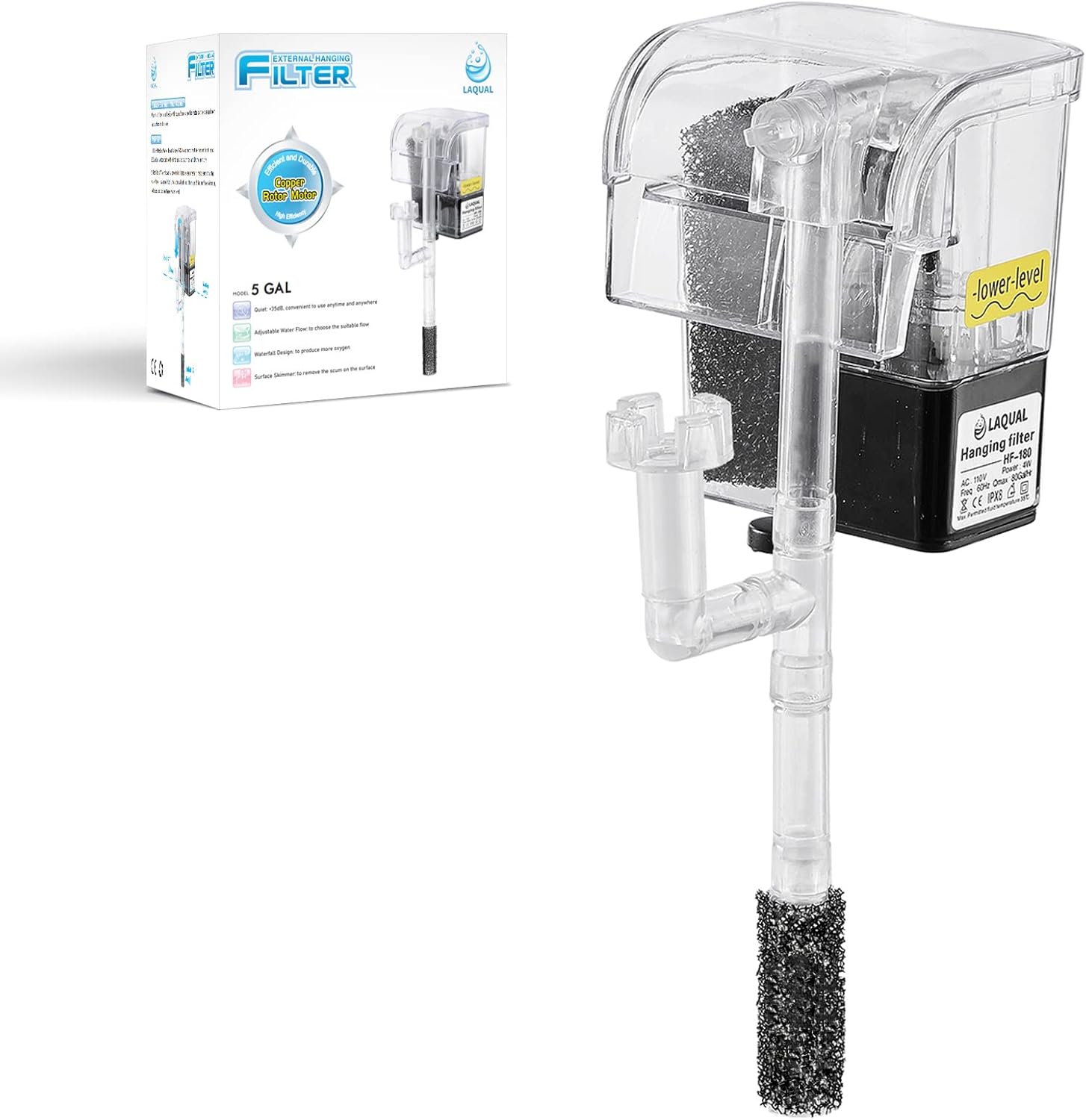 5 Gallon Aquarium Filter with Surface Skimmer, Small Quiet Fish Tank Filter, Biochemical Cotton Filtration & Adjustable Water Flow, Waterfall Design for Increasing Oxygen, Hang on Back Filter