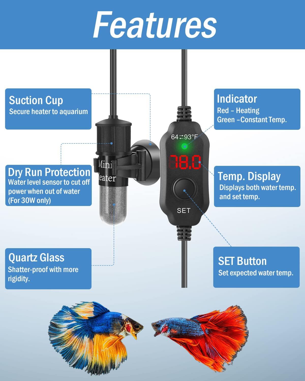 AquaMiracle Adjustable 10W Small Aquarium Heater Submersible Fish Tank Heater Betta Heater Turtle Heater Super Mini Aquarium Heater with Digital Display Thermostat, for 1-2 Gallon Tanks