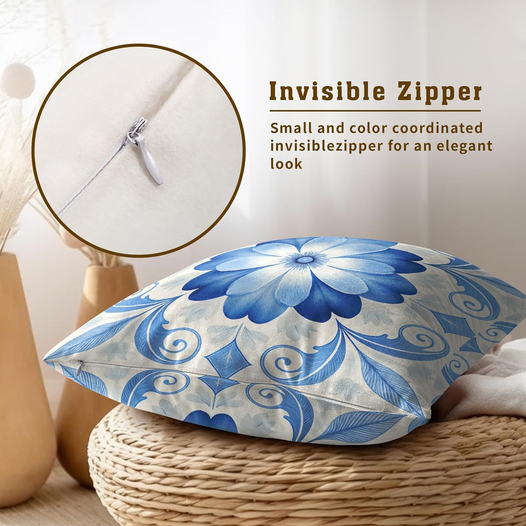 Blue White Moroccan Tile Throw Pillow Covers Set of 2 Ultra-Soft All-Season Pillow Shams with Hidden Zipper,Durable for Sofa Bed Car Decor & Gift Luxury 18x18IN