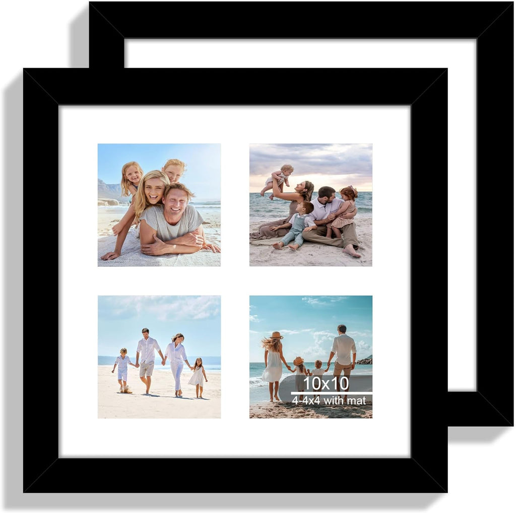 10x10 Picture Frame Set of 2, Real Glass and Black Collage Frame, Display Pictures Four Opening 4x4 With Mat or 10 x 10 Without Mat for Wall Hanging or Tabletop