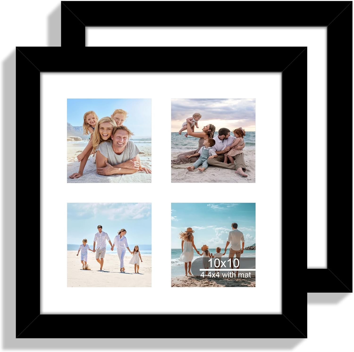 10x10 Picture Frame Set of 2, Real Glass and Black Collage Frame, Display Pictures Four Opening 4x4 With Mat or 10 x 10 Without Mat for Wall Hanging or Tabletop