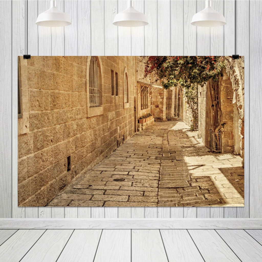 12x8ft Vinyl XMJJKUF Stone Street Backdrop Cityscape Jerusalem Old Street Path Citywalk Background for Baby Shower Children Birthday Party Decortaions Banner Portrait Photo Shoot Props