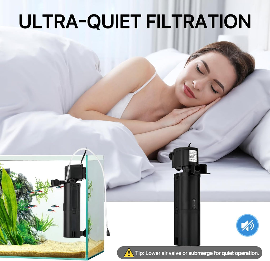 Internal Aquarium Filter for 10-75 Gallon Fish Tanks, Quiet 4-in-1 Turtle Tank Filter with Filtration, Oxygenation, Wave Making and Water Change