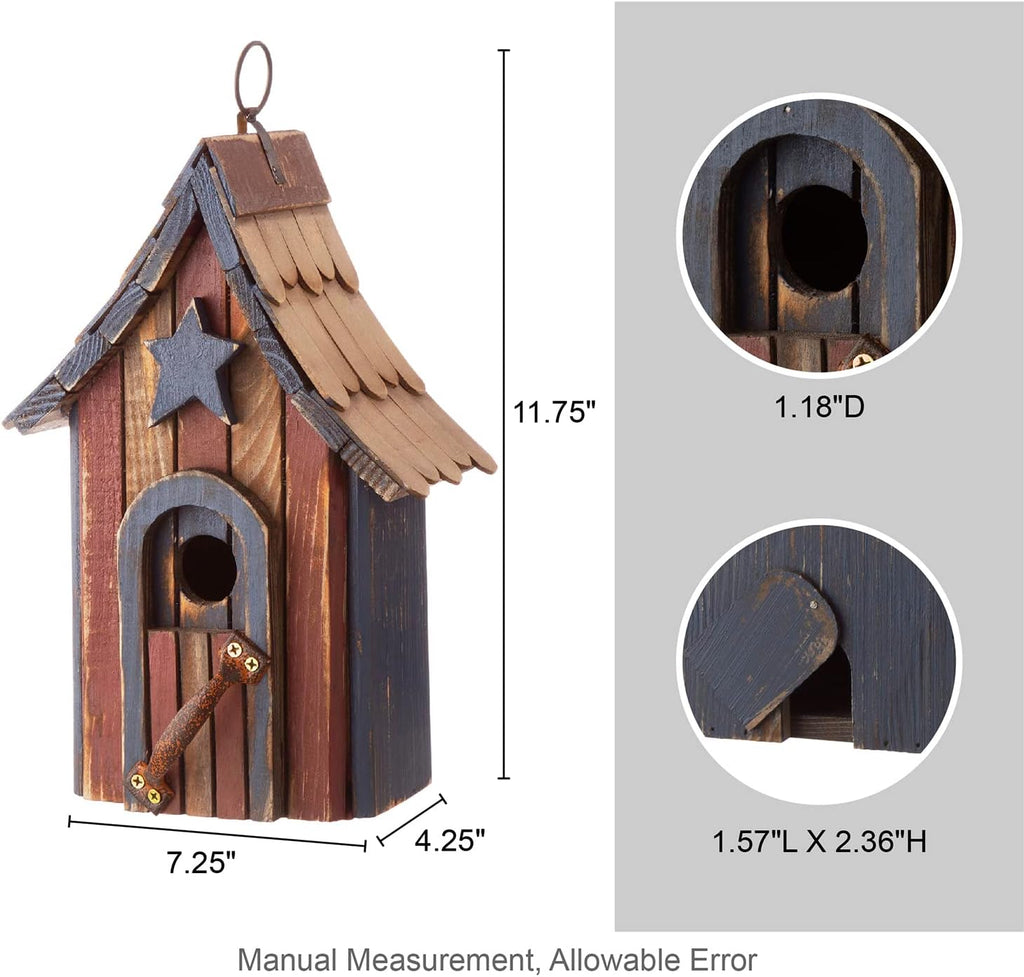 Glitzhome Wooden Patriotic USA Hanging Birdhouse for Outside Garden Bird House with Door Handle