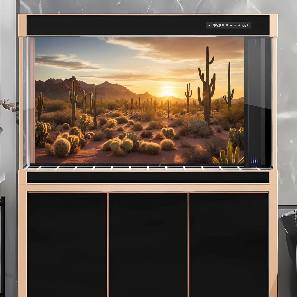 Sunset Desert Reptile Habitat Background Silhouette of Saguaro Cactus Arid Mountain Range Terrarium Background Cacti Sand with Dunes Aquarium Background Desert Mountain Fish Tank Background 72x24in