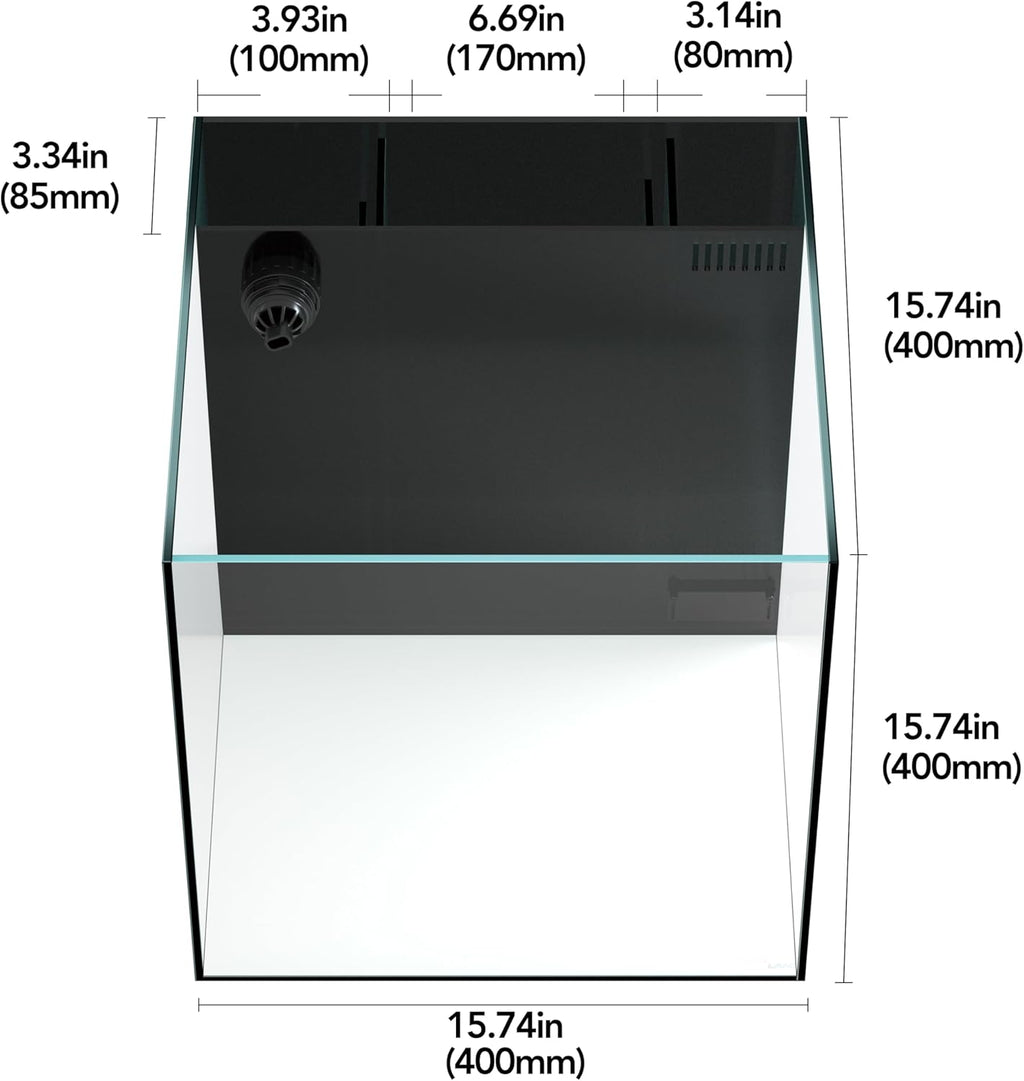 LANDEN 40C 11 Gallon Ultra Clear Glass Rimless Low Iron Aquarium Tank with Rear Filtration Chamber(Return Pump Included) for Salt and Fresh Water,15.8Wx15.8D×15.8H in(40x40x40cm) 6mm Thickness