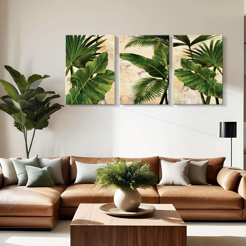 3pcs Framed Palm Leaves Banana Leaf Tropical Plants Wall Art Decor Canvas Print Nature Style Home Greenery Pictures Poster Gallery Bedroom Living Room Studio 16x24 Inch Ready to Hang