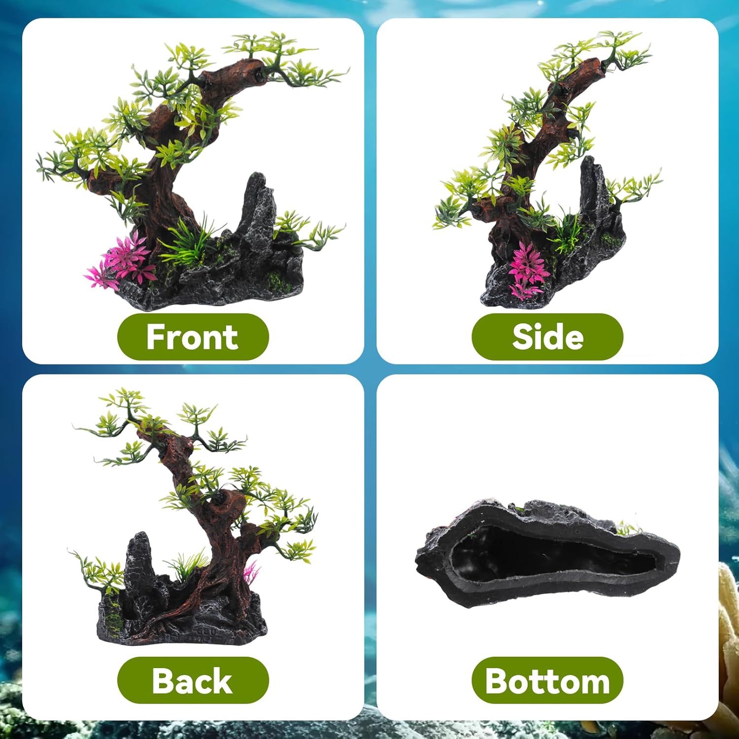 Aquarium Bonsai Tree Decor,Fish Tank Decorations Resin Rock View with Artificial Plants Accessories Betta Goldfish Ornaments Freshwater Saltwater Décor for Small Fish Shrimp