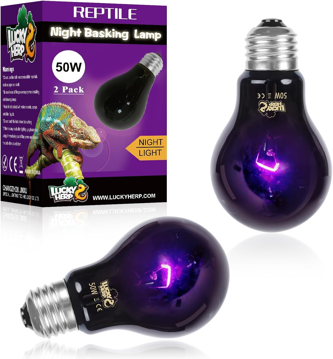 LUCKY HERP Reptile Heat Lamp 50W 2 Pack, Reptile Night Heat Bulb, Reptiles & Amphibians Basking Spot Light Bulb for Bearded Dragon, Lizard, Snake, Turtle, Chameleon
