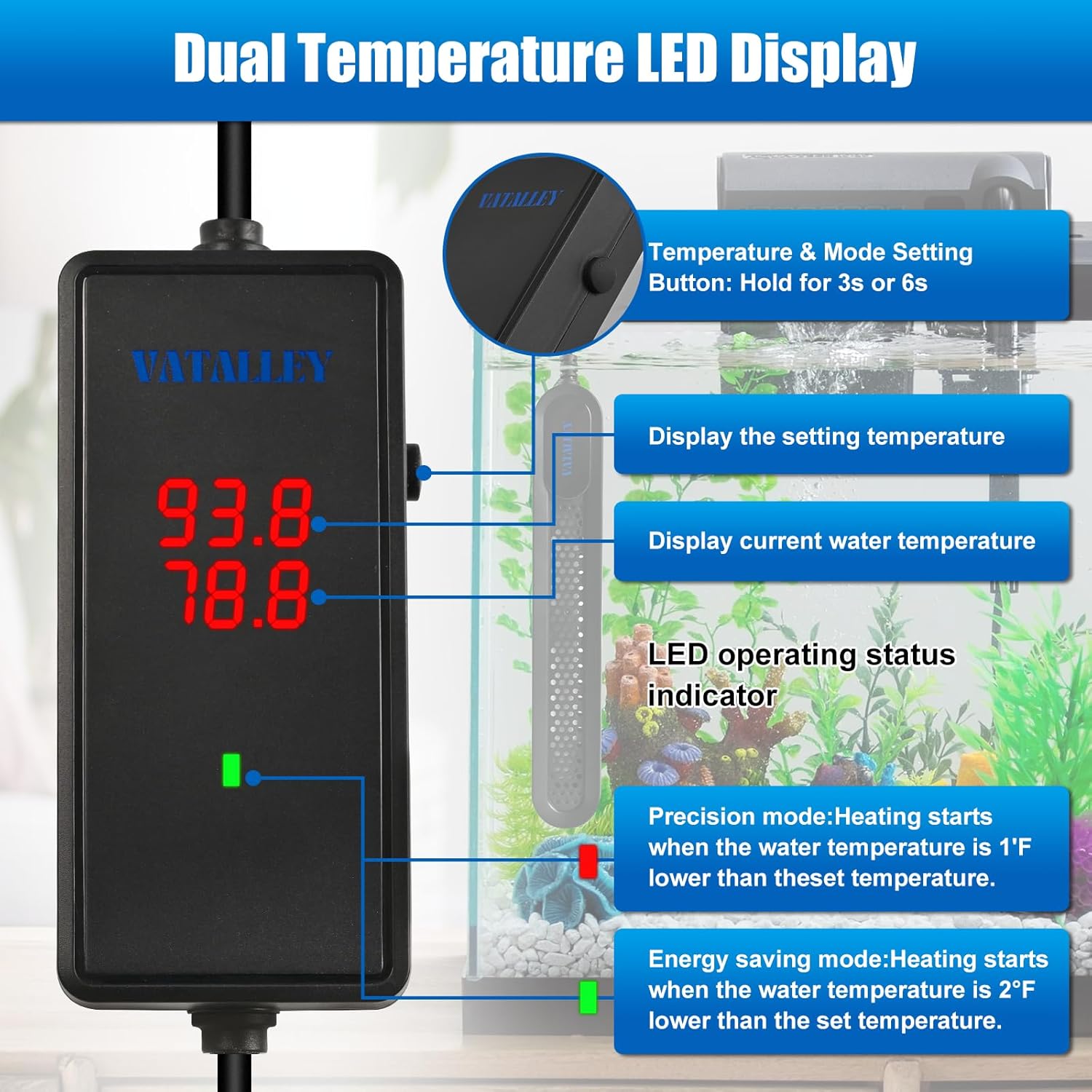 Aquarium Heater for Fish Tank: 200W/300W/500W Betta Heaters with Dual Temperature Digital LED Display - Overheating and Off-Water Protection for 40-75 Gallon