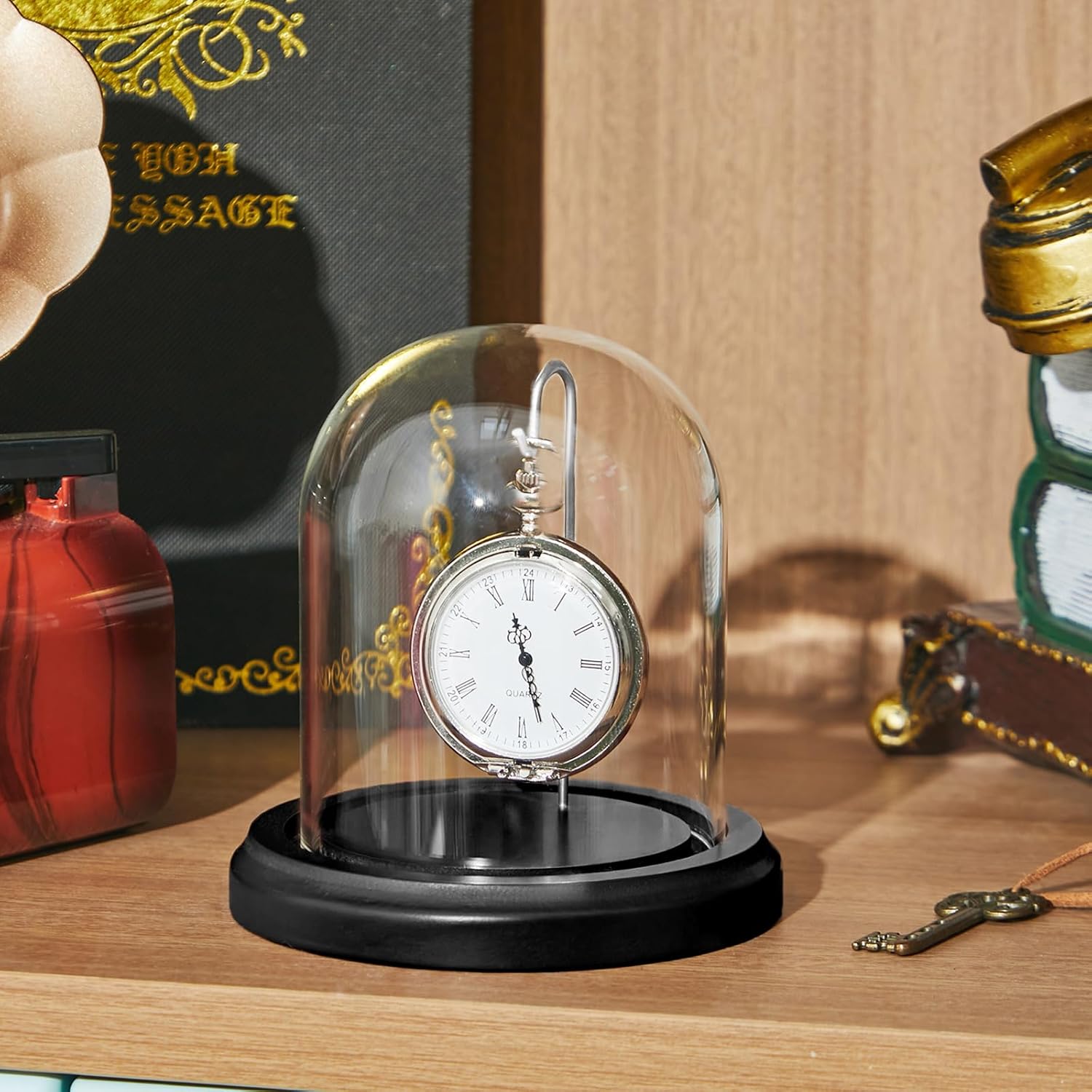 2 Pcs Pocket Watch Glass Display with Hooks Dome Cloche with Wood Base Decorative Glass Display Dome Showcase for Watch Plants Medals Photos Collectibles Dark MDF Base(3" X 4",Silver Hook)