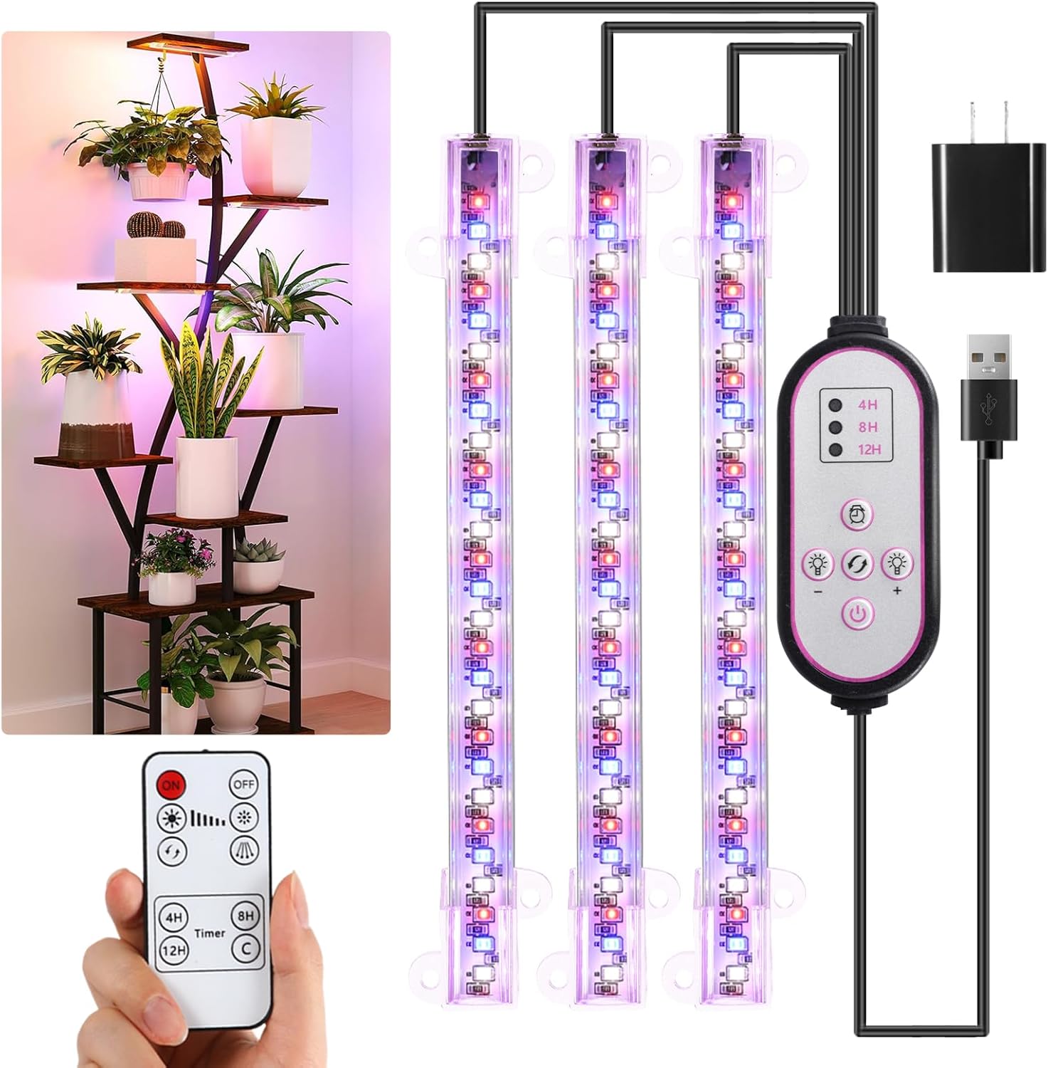7.8'' LED Grow Light Strips, Grow Lamps for Indoor Plants Full Spectrum, Plant Light with 4/8/12H Timer, 10 Dimmable Levels for Seedling Succulent,Best Match for Plant Shelf, 3 Head