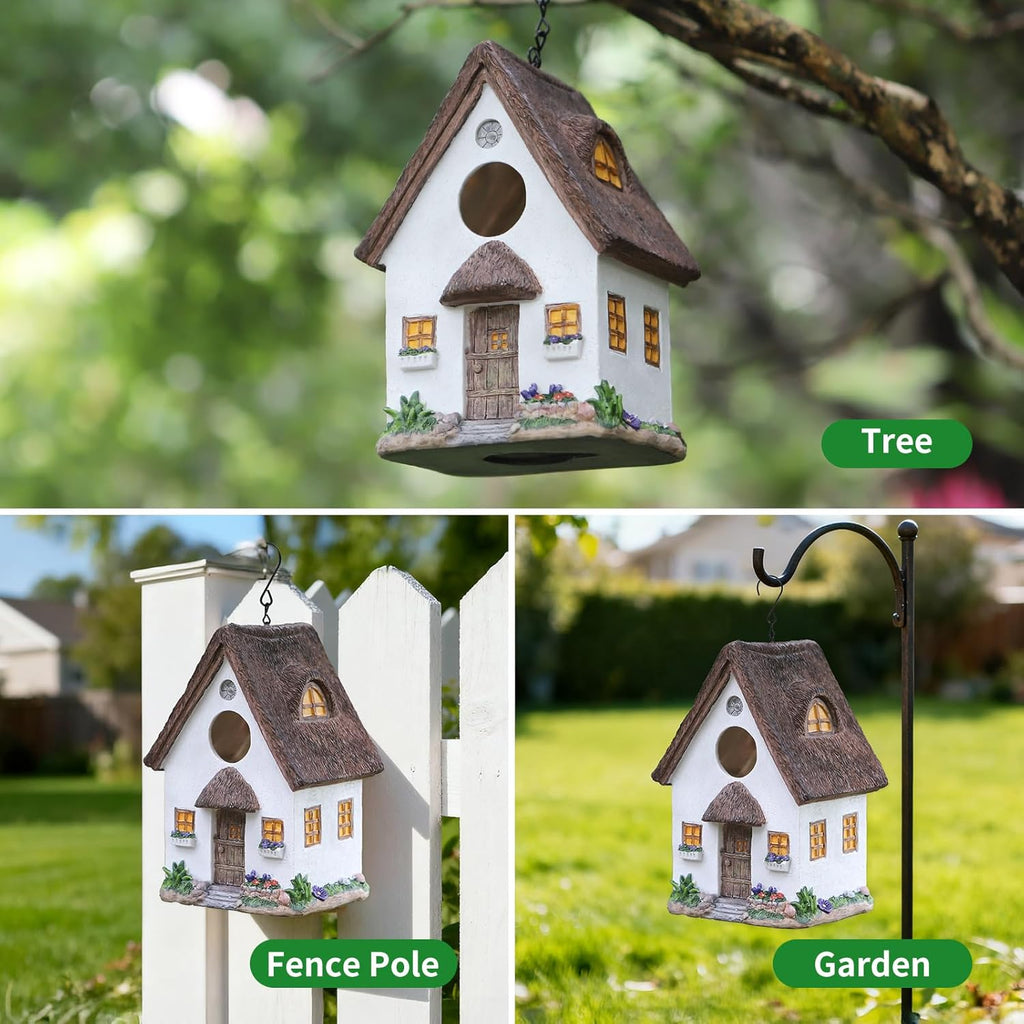Bird Houses for Outside Rustic Cottage Birdhouse with Thatch Roof – Hand-Painted Resin Bird Houses for Outdoors for Hummingbird Finches Cardinals Bird Nesting Garden, Patio, Yard