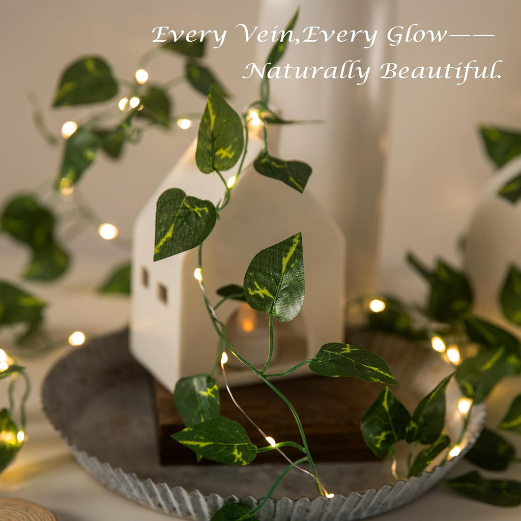 2 Pack 6.56 Ft Vine Lights Pothos String Lights Battery Operated, 40 LEDs Artifical Garland Plant Leaves with Light for Wedding, Garden, Patio, Bedroom, Stair Railing Decor (Warm White)