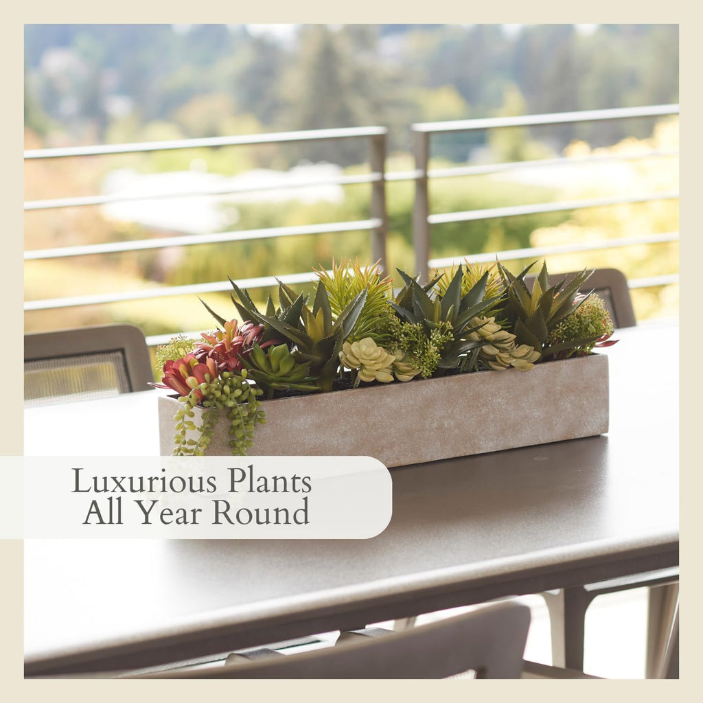 Oblong Faux Succulent Arrangement, 27" Premium Artificial Indoor Plant Enhances Interior Design, Display on any Surface in Your Home Adding an Inviting Touch of Nature, Natural Planter Pot Included