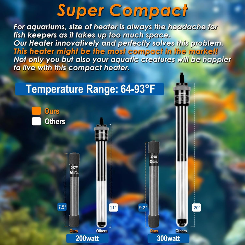 AquaMiralce 200W Aquarium Heater with Compact Size, Submersible Fish Tank Heater with LED Digital Display Thermostat, Adjustable Fish Heater Turtle Heater for 30-40 Gallon Tanks