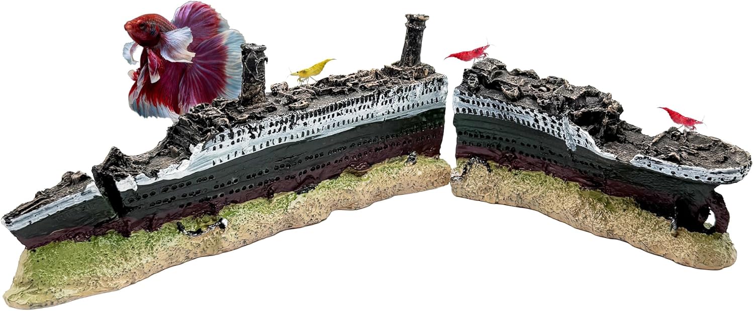 CTWPets Titanic Aquarium Shipwreck – 13” Sunken Ship Fish Tank Decor 2-Piece Broken Titanic Wreckage Ornament for Betta Fish, Plecos, Tetras, Loaches