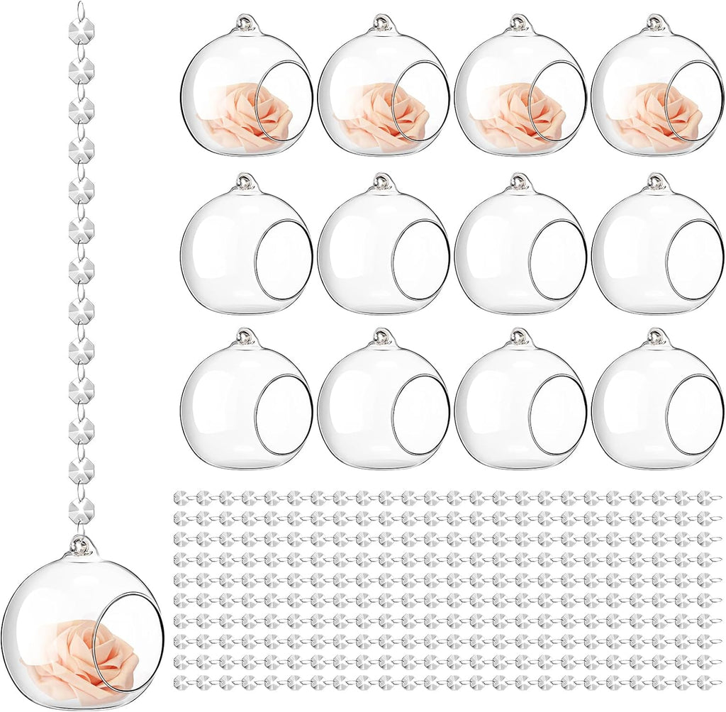 3.15'' Hanging Glass Tealight Holder Globe and Clear K9 Crystal Garland Strands, Hanging Glass Terrarium Containers for Wedding Party Tree Decoration(56 Pcs)
