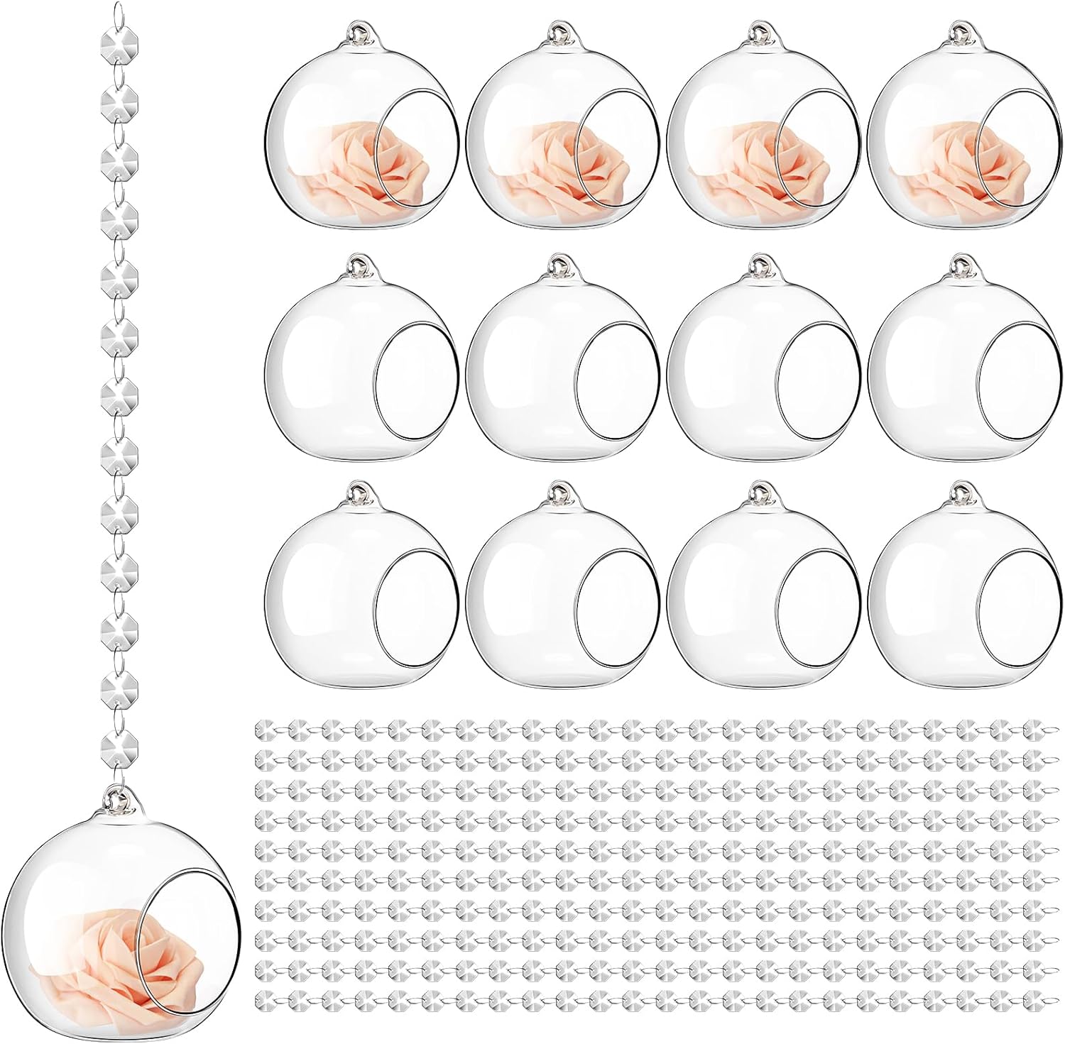 3.15'' Hanging Glass Tealight Holder Globe and Clear K9 Crystal Garland Strands, Hanging Glass Terrarium Containers for Wedding Party Tree Decoration(56 Pcs)