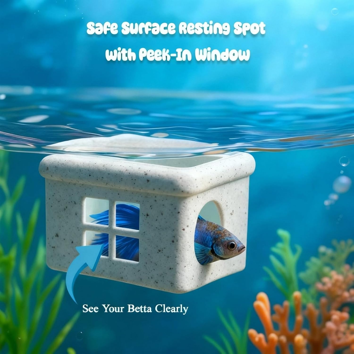 Marble Gray Floating Betta Fish Hideout with Window – 3D Aquarium Shelter & Feeding Platform – Betta Resting Cave for Fish Tank Decor (3.67"x2.87"x2.16")