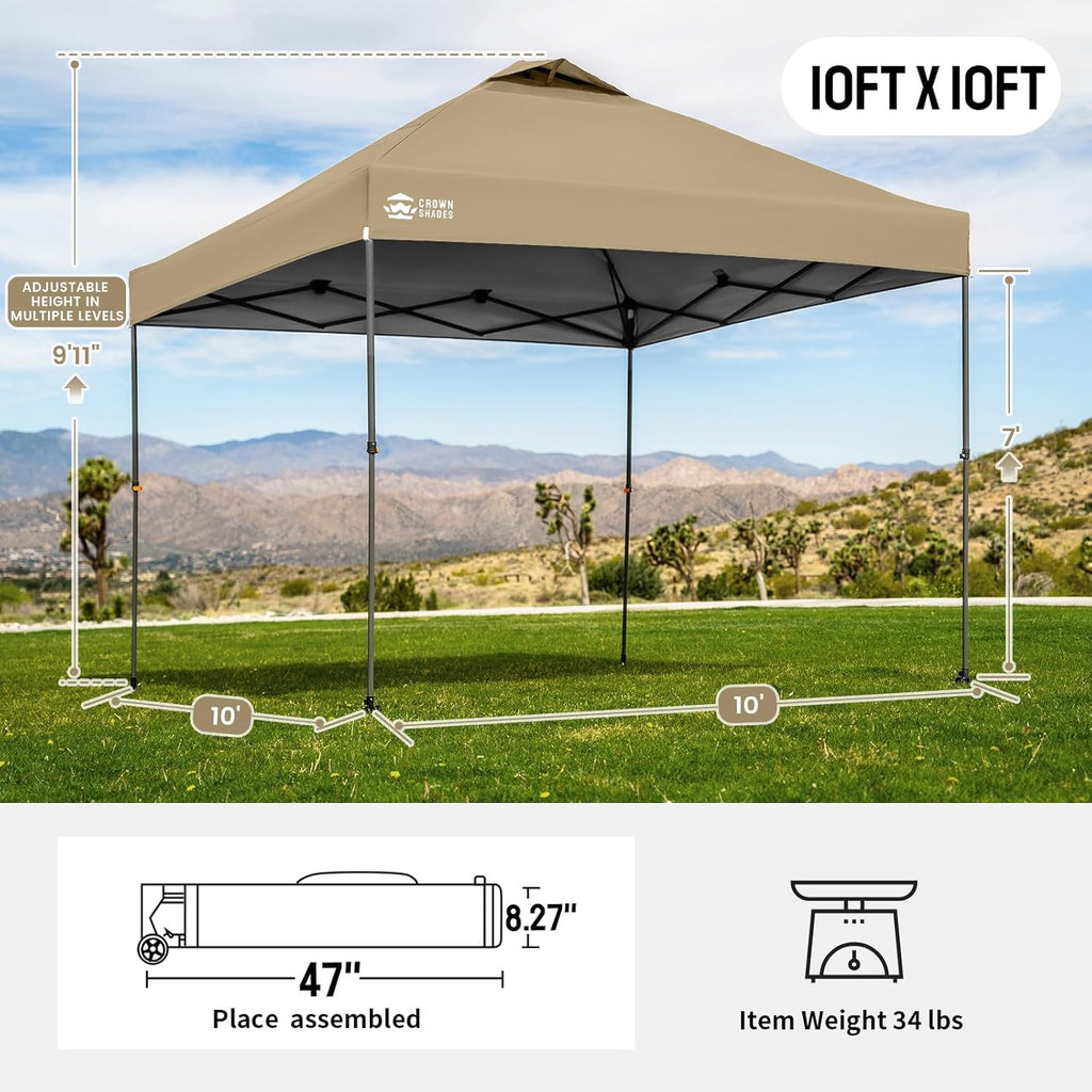 CROWN SHADES Adjustable Height on The Fly, 10x10 Pop Up Canopy - Beach Tent with One Push Setup - Easy Outdoor Sun Shade for Events, Parties, Camping - Outside Shade with STO-N-Go Bag, Khaki